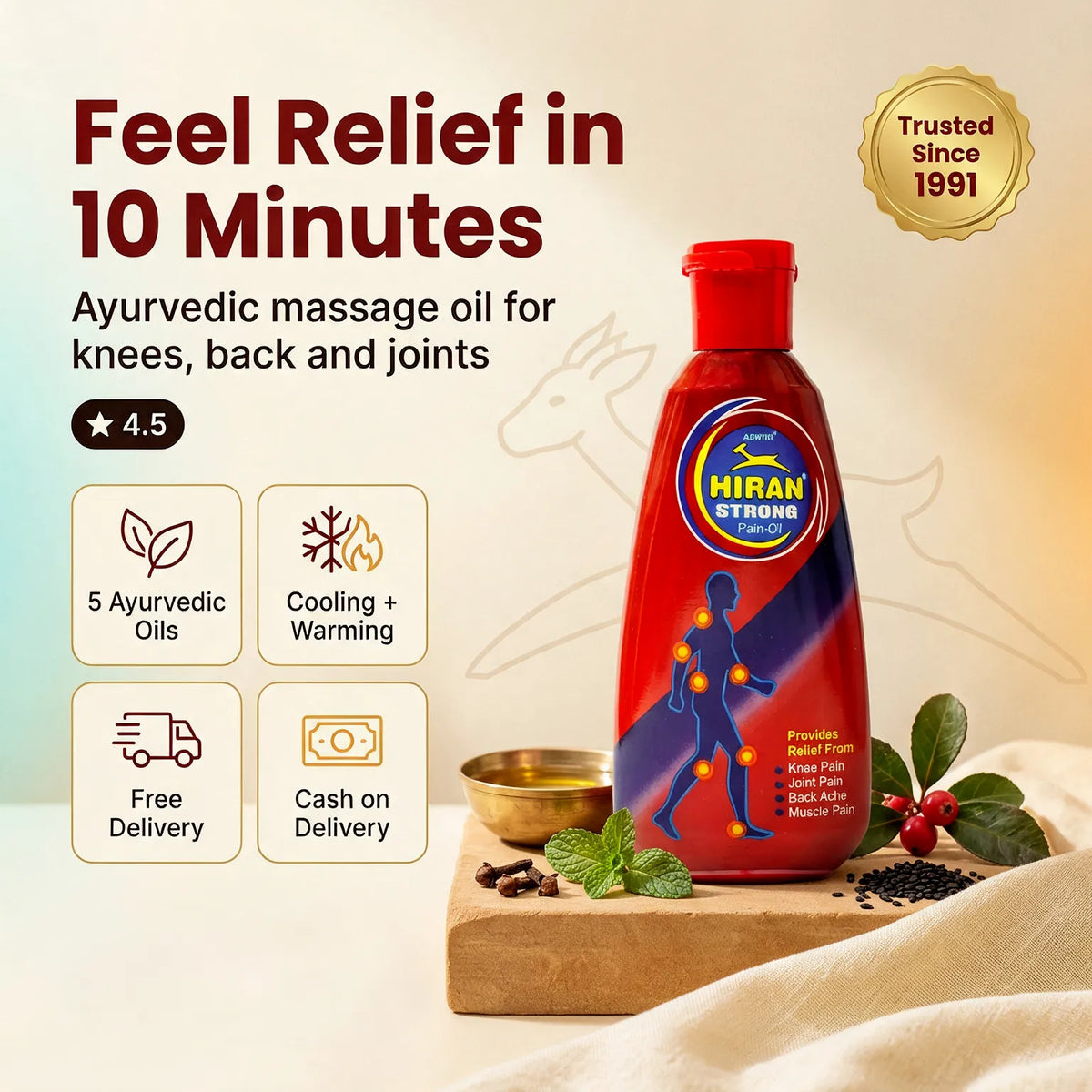 [en] Aswini Hiran Strong Pain Oil bottle, Ayurvedic massage oil for knees, back and joints with relief in 10 minutes, rated 4.5 stars from 2516 reviews