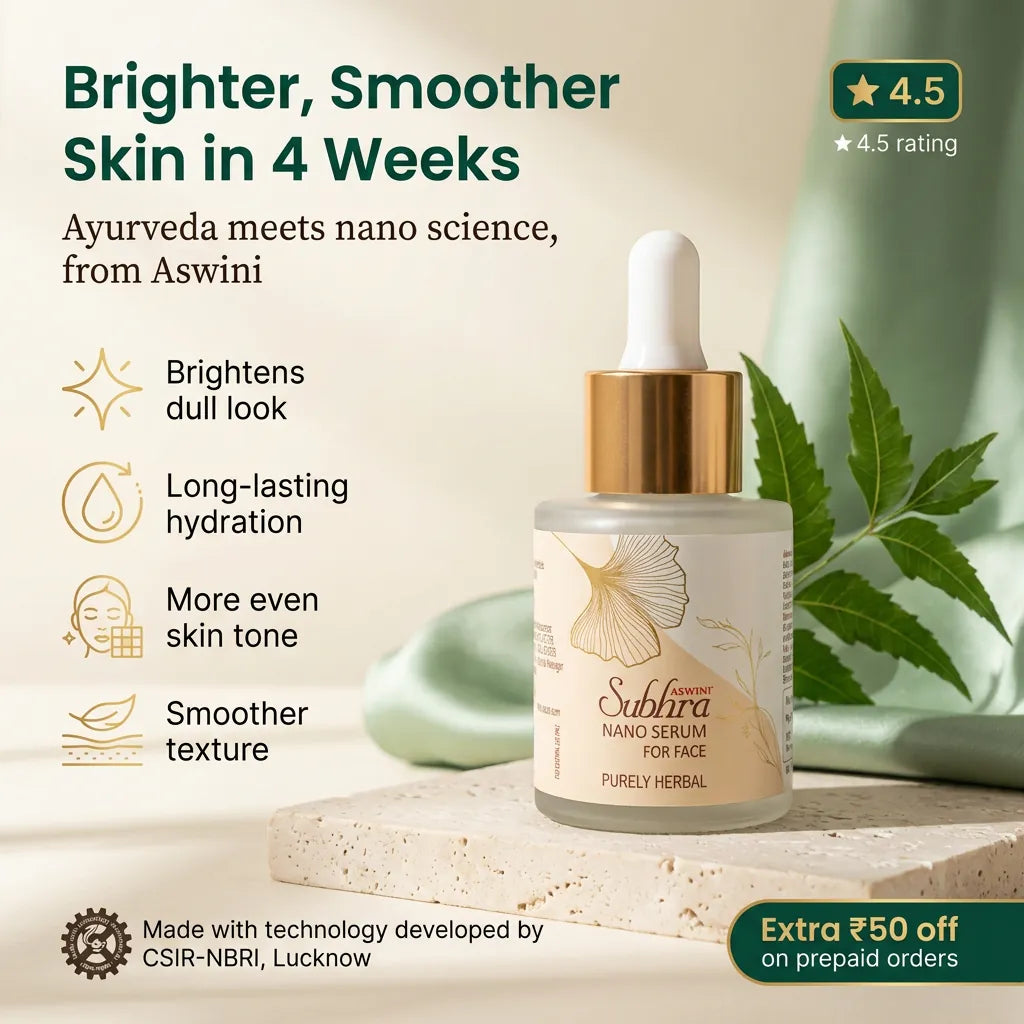 [en] Aswini Subhra Nano Face Serum bottle, herbal nano-lipid face serum for a brighter, smoother, more even-looking skin in 4 weeks