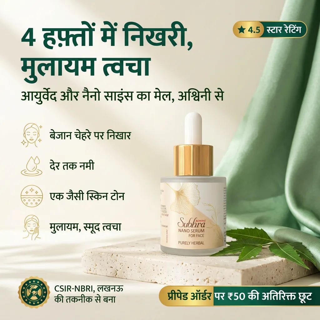 [hi] अश्विनी सुभ्रा नैनो फेस सीरम की बोतल, 4 हफ़्तों में निखरी, मुलायम और एक जैसी दिखने वाली त्वचा के लिए हर्बल सीरम