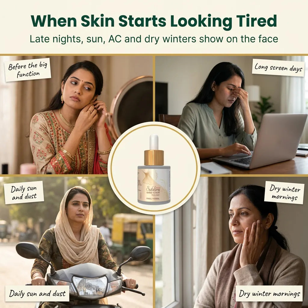 [en] Four everyday moments when skin looks tired: before a function, long screen days, daily sun, dry winter mornings, with Subhra Nano Face Serum in the centre