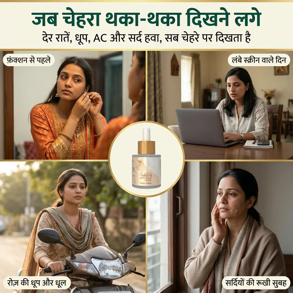 [hi] चार रोज़ के पल जब चेहरा थका दिखता है: फ़ंक्शन से पहले, स्क्रीन वाले दिन, धूप और सर्दियों की सुबह, बीच में सुभ्रा नैनो फेस सीरम