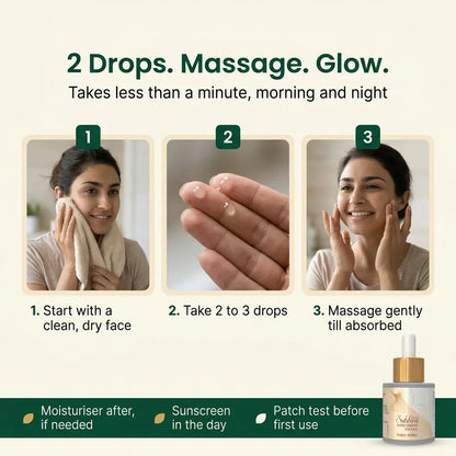 [en] How to use Subhra Nano Face Serum: clean dry face, 2 to 3 drops, gentle massage, use morning and night
