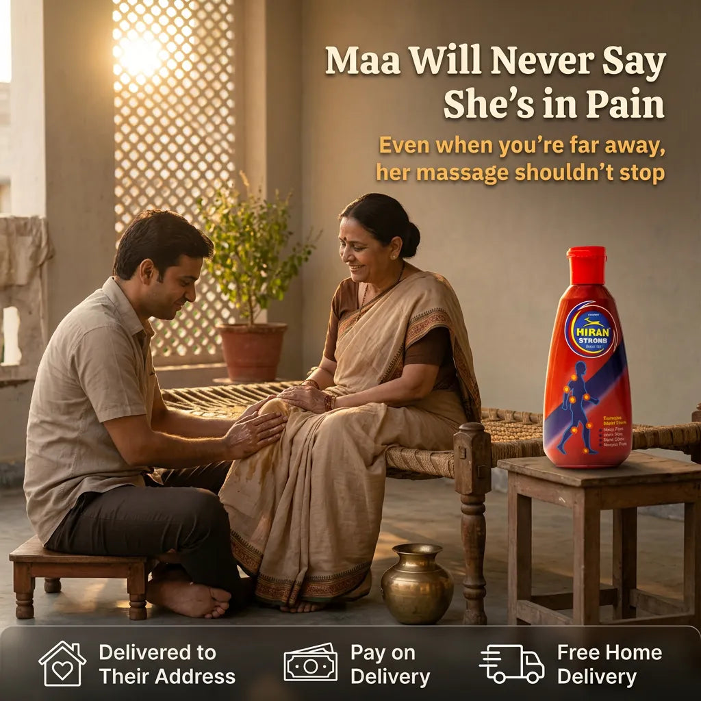 [en] Son massaging his mother's knee with Hiran Pain Oil, delivered to parents' address with pay on delivery and free home delivery
