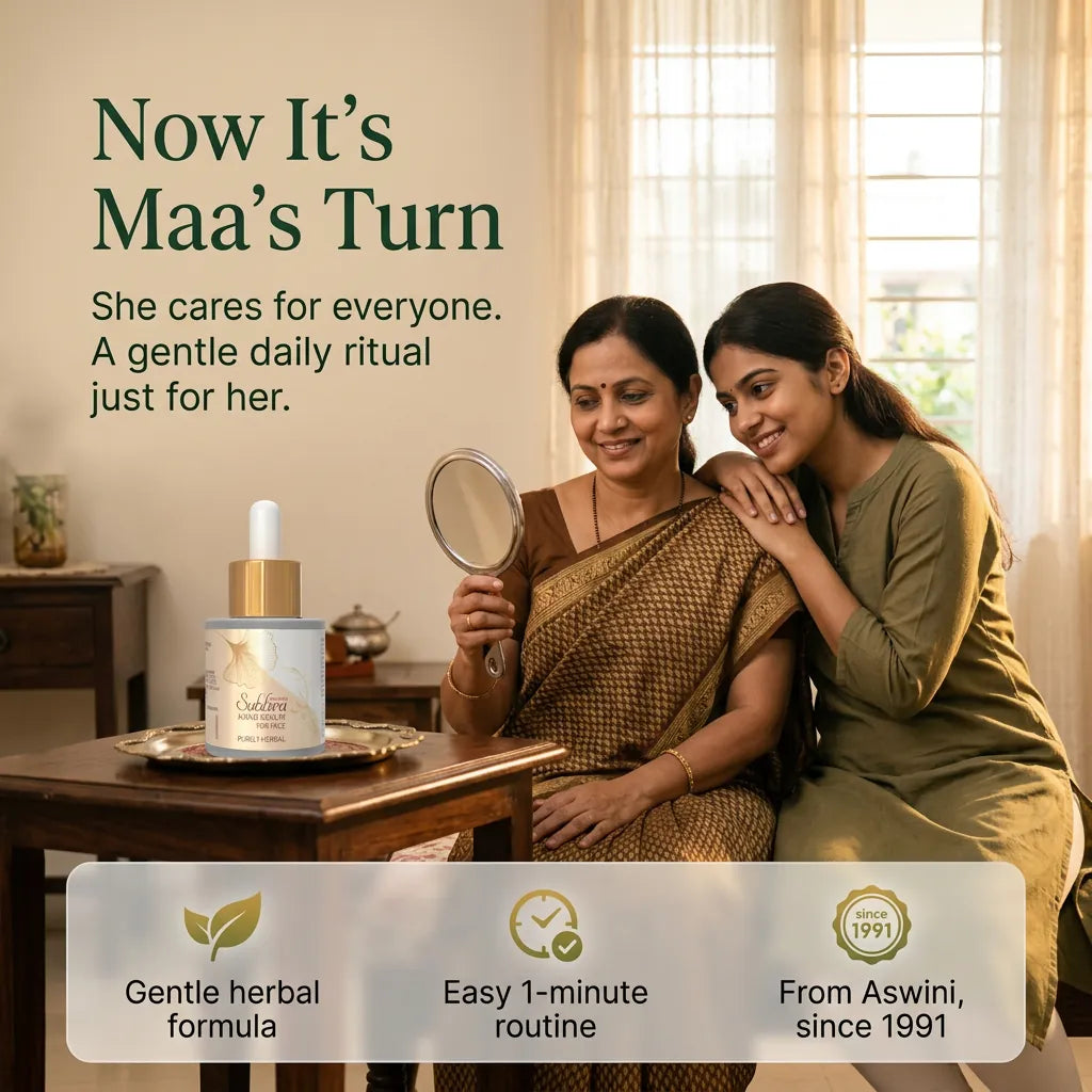 [en] Daughter and mother sharing a moment with Subhra Nano Face Serum, a gentle daily herbal skin ritual for Maa