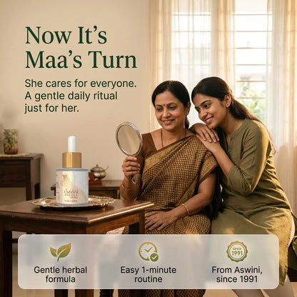 [en] Daughter and mother sharing a moment with Subhra Nano Face Serum, a gentle daily herbal skin ritual for Maa