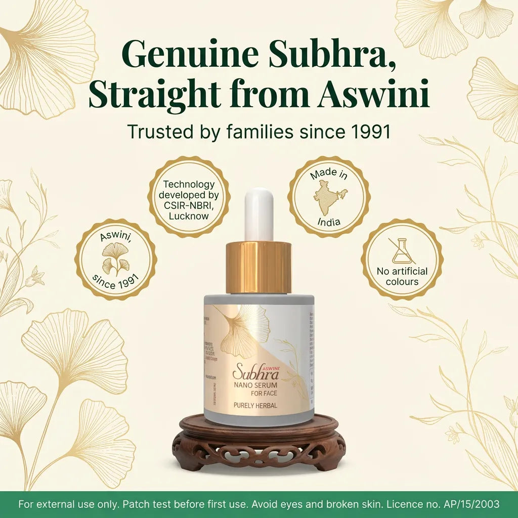 [en] Genuine Subhra Nano Face Serum from Aswini, since 1991, made with CSIR-NBRI technology, made in India, with usage cautions