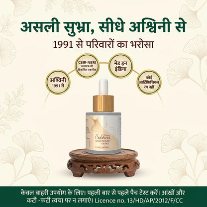 [hi] असली सुभ्रा नैनो फेस सीरम, अश्विनी से 1991 से, CSIR-NBRI तकनीक, मेड इन इंडिया, उपयोग की सावधानियों के साथ