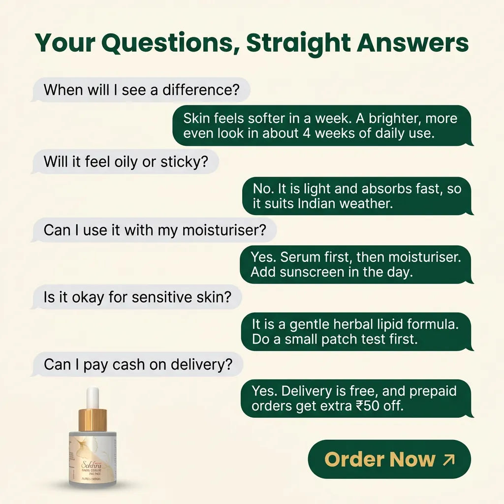 [en] Subhra Nano Face Serum FAQ: results timeline, non-sticky feel, use with moisturiser, sensitive skin patch test, cash on delivery